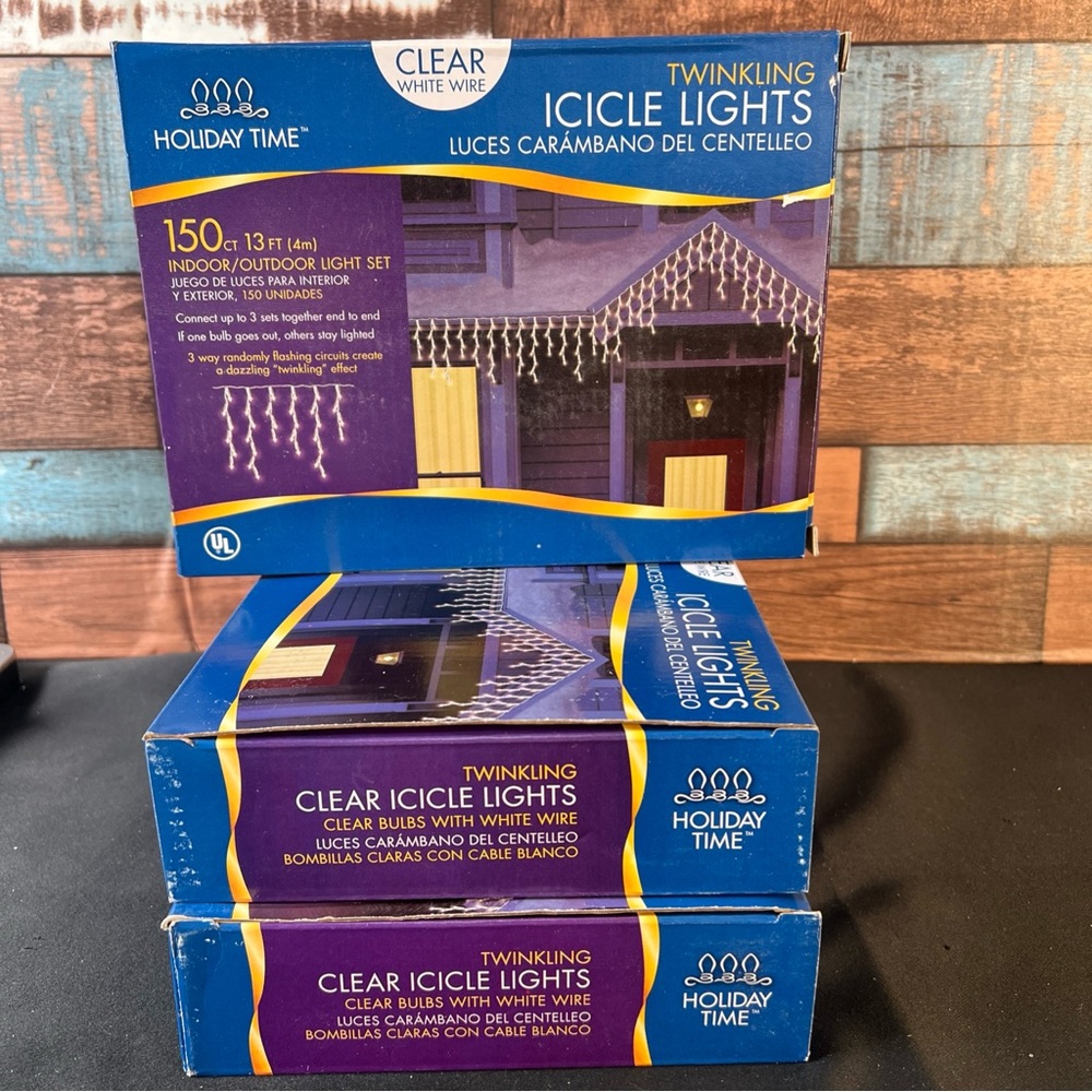 New- 3 boxes Holiday Time Clear Icicle Lights 150 ct each